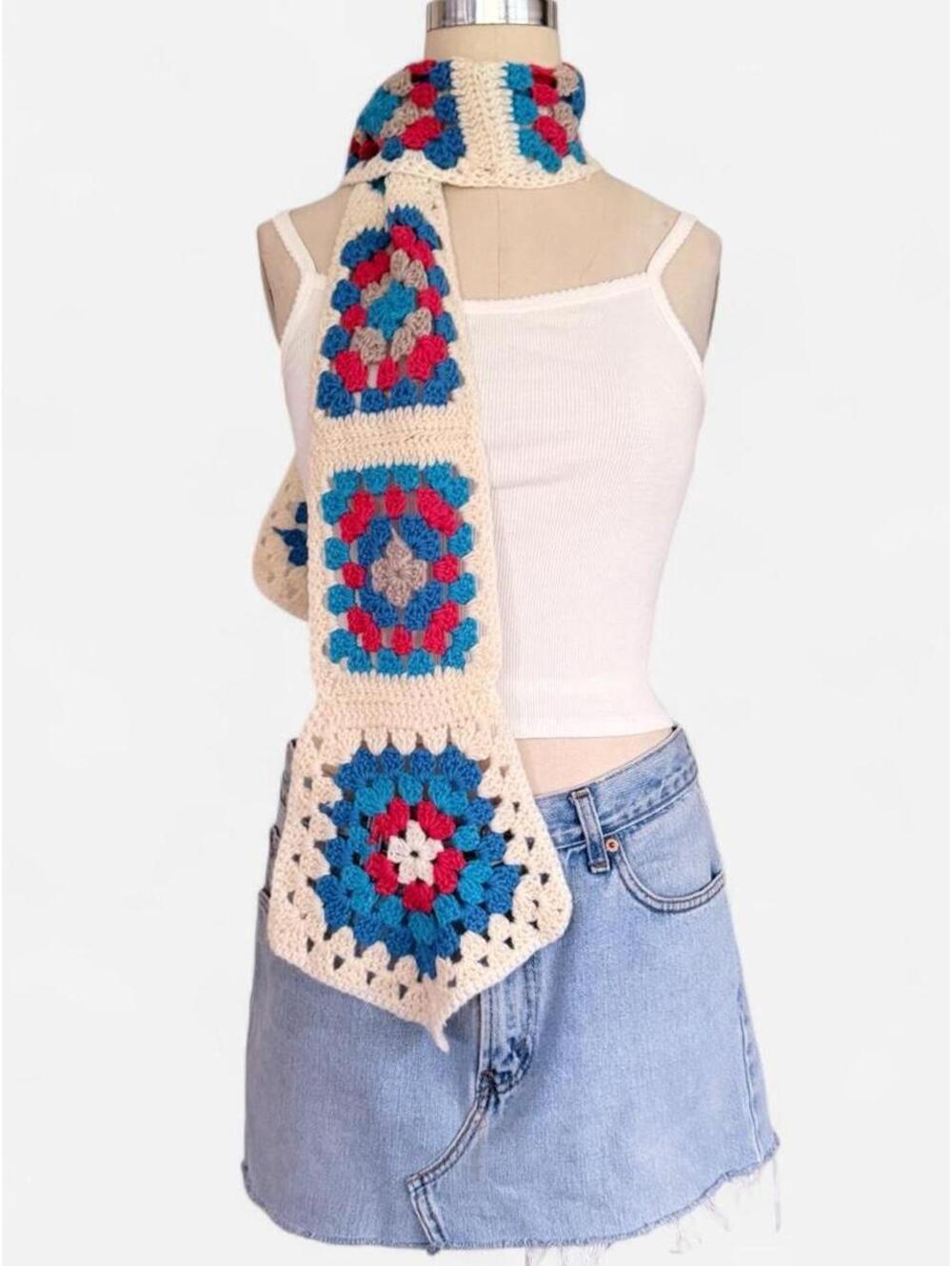 Vintage Handmade Crochet Granny Square Scarf in Cream